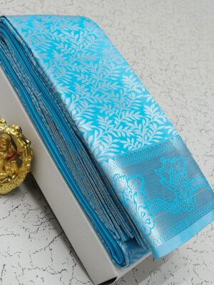 Peach Sky Blue kanchi Silk Saree