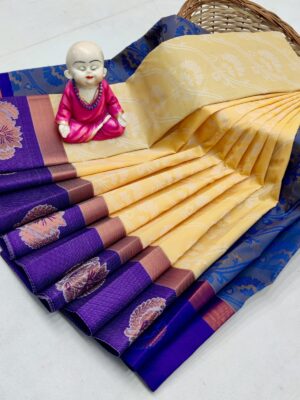 Dark Purple Yellow with Traditional Semi Silk Saree