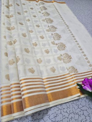 Handloom Kerala Kasavu Cotton Printed Saree