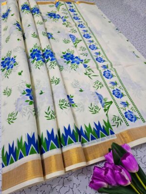 Premium Kerala Kasavu Cotton Printed Saree