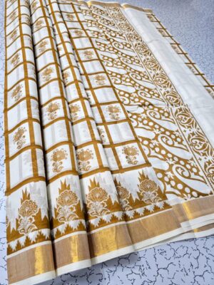 Premium Kerala Kasavu Cotton Printed Saree