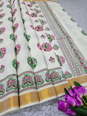 Premium Kerala Kasavu Cotton Printed Saree