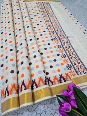 Premium Kerala Kasavu Cotton Printed Saree