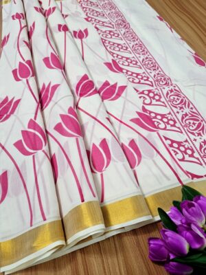 Premium Kerala Kasavu Cotton Printed Saree