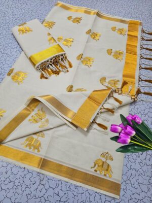 Handloom Kerala Pure Cotton Kasavu Saree