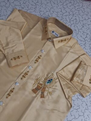 Handcrafted customised Aari works on silk gold Shirt & vesti combo✨