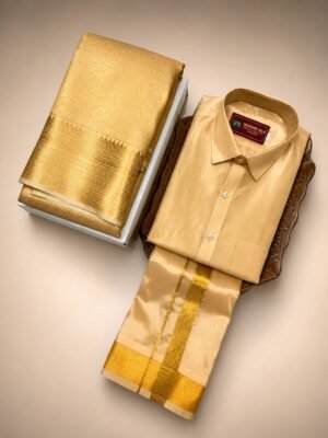Silk Color Ethnic Set: Men's Shirt & Dhoti with Coordinated Womens Saree | Elegant Couple's Traditional Wear