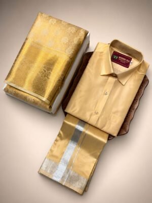 Silk Color Ethnic Set: Men's Shirt & Dhoti with Coordinated Womens Saree | Elegant Couple's Traditional Wear