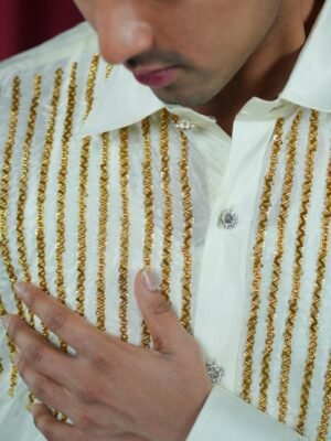 Handcrafted customised Aari works on silk gold Shirt & vesti combo✨