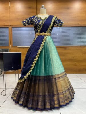 Pastel With Navy Blue Tissue Zari Sequin Embroidered Ruffle Lehenga