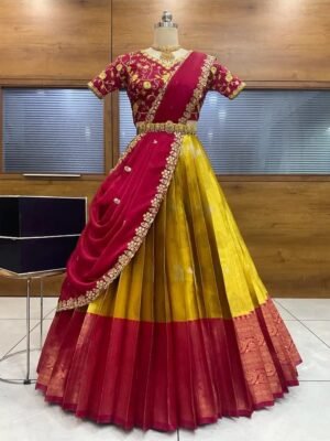 Rani Pink With Yellow Tissue Zari Bridal Lehenga
