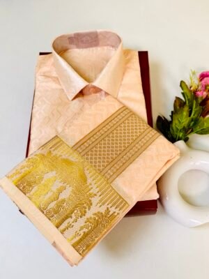 Kanjivaram Silk Dhoti & Shirt - Pink Shade Gold Zari work Border