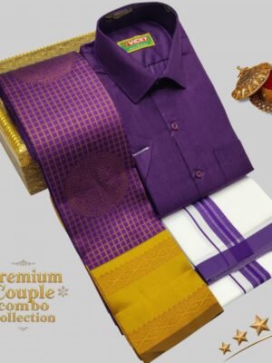 Deep berry purple  : Men's Shirt & Dhoti with Matching Women's Saree | Radiant Couple's Traditional Outfit"