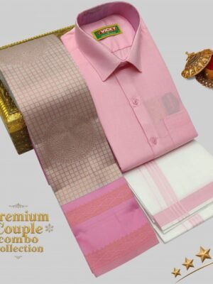 Baby Pink Saree with Matching Shirt   : Men's Shirt & Dhoti with Matching Women's Saree | Radiant Couple's Traditional Outfit"