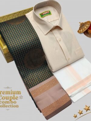 Sandstone Beige Saree with Matching Shirt   : Men's Shirt & Dhoti with Matching Women's Saree | Radiant Couple's Traditional Outfit" (Copy)