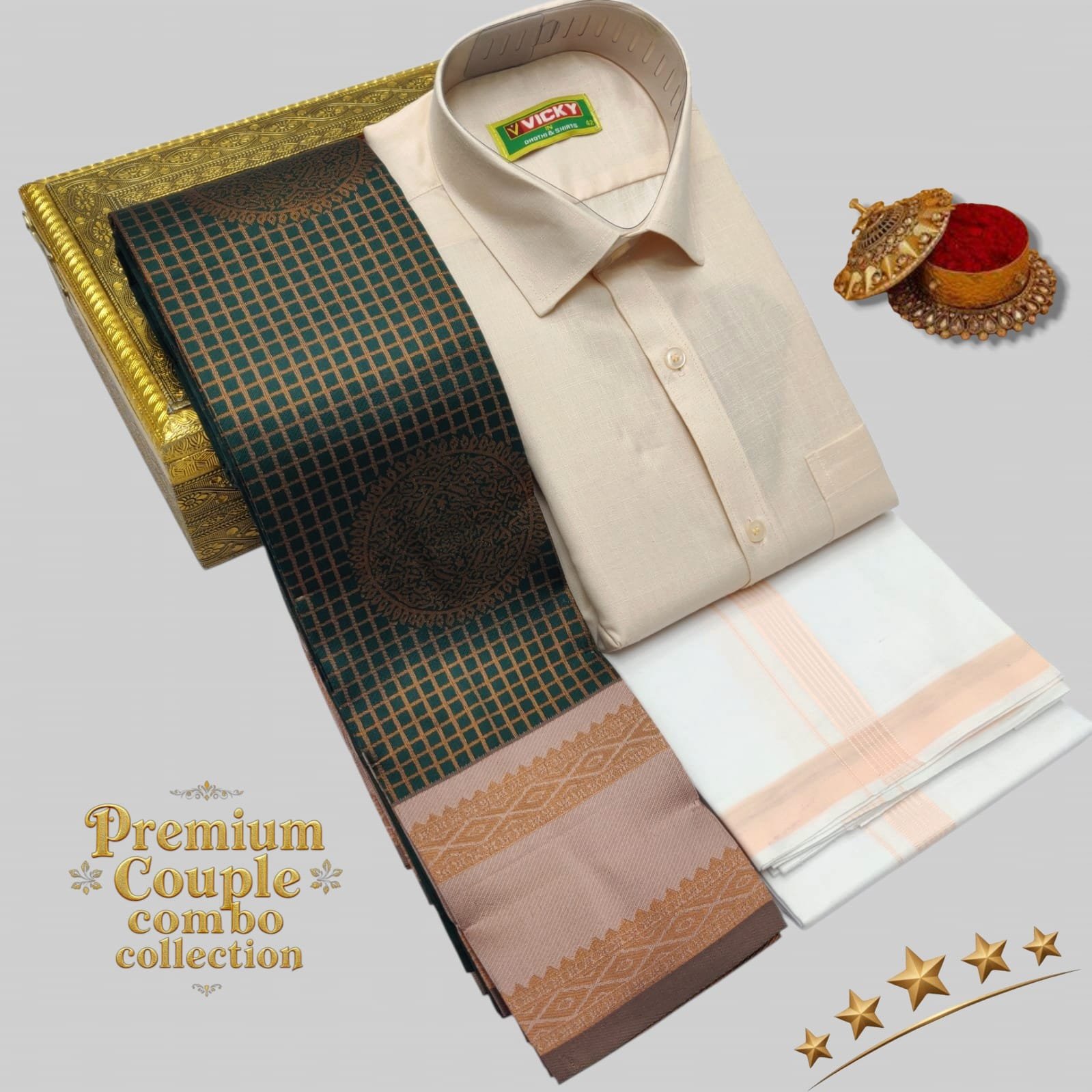 Sandstone Beige Saree with Matching Shirt : Men's Shirt & Dhoti with Matching Women's Saree | Radiant Couple's Traditional Outfit" (Copy)