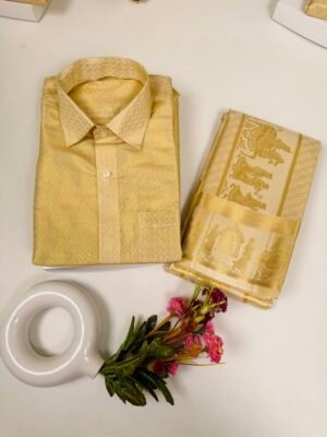Tissue Silk Blend Pallakku Dhoti and Shirt