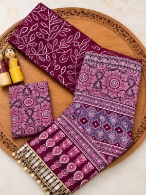 Pure Ajrakh Satin Viscose Silk Saree with Mirror Work